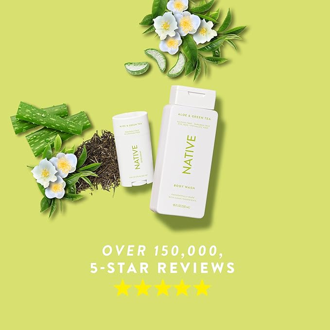 Native Body Wash Contains Naturally Derived Ingredients | For Women & Men, Sulfate, Paraben, & Dye Free Leaving Skin Soft and Hydrating |Aloe & Green Tea 18 oz