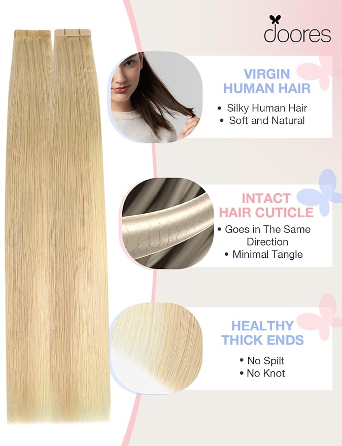 DOORES Invisi Edge Tape in Hair Extensions, Drity Blonde Mixed Platinum Blonde 10 Injection Tape-ins with 10 Classic Tape-ins 50g 18 Inch, Injection Tape in Extensions Virgin Hair