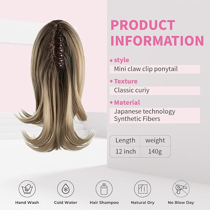 Ponytail Hair Extensions, 12 Inch Claw Clip Ponytail Hair Extensions for Women, Chin Clip Wigs, Soft Synthetic Wigs-Ash Blonde with Dark Root
