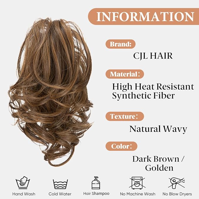 CJL HAIR Claw Clip Short Ponytail Hair Extensions DIY Bendable Metals Messy Bun Hair Piece for Wonen Wavy Curly Synthetic Fake Hairpieces Dark Brown/Golden Blonde