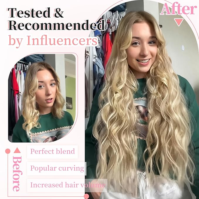 KooKaStyle Beach Blonde Hair Extensions Clip in Synthetic Highlight Hair Extensions Long Wavy 4PCS Thick Hairpieces 24 Inch Beach Blonde for Women