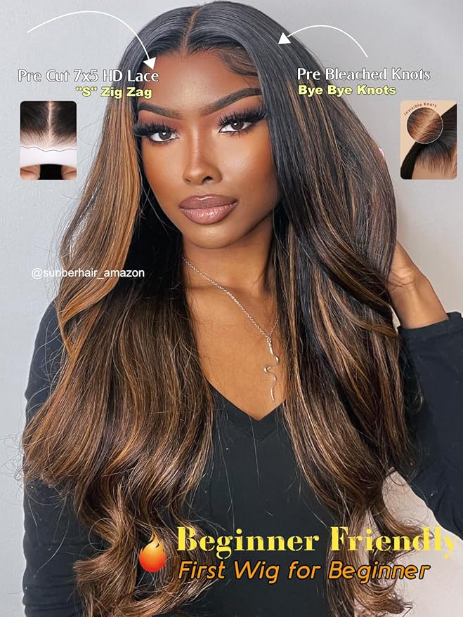 Sunber Bye Bye Knots 7x5 Lace Front Glueless Ombre Brown Highlight Body Wave Human Hair Wigs Pre Plucked Invisible Knots Pre Everything 3S Ready to Wear Highlgiht Brown Body Wave Wig 24Inch
