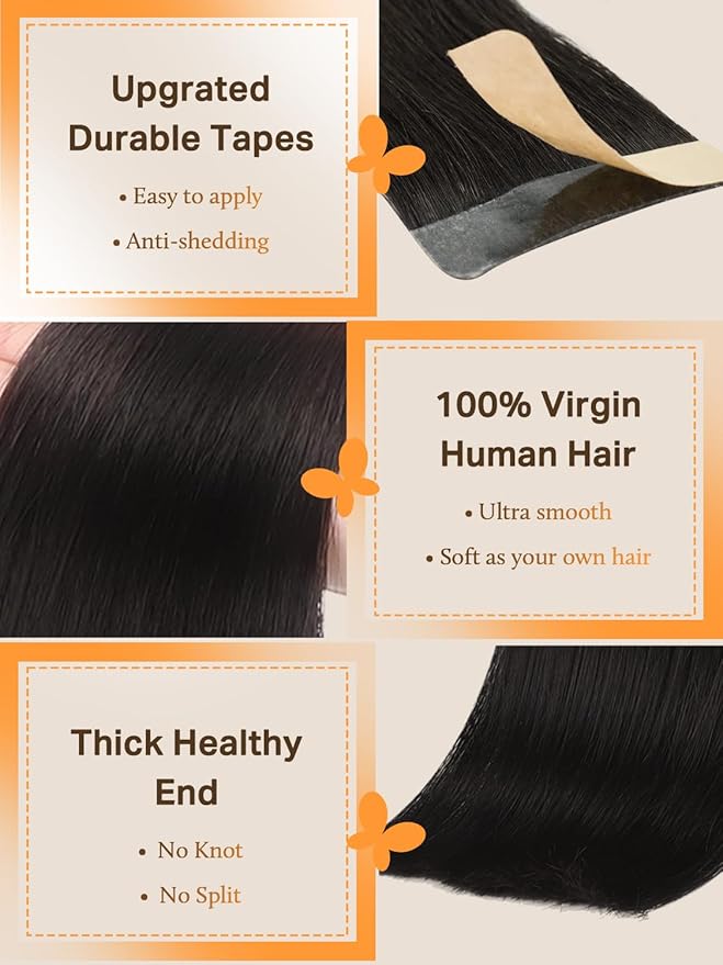 DOORES Tape in Hair Extensions Real Human Hair, Jet Black 12 Inch 20g 10pcs, Hair Extensions Human Hair Tape in Straight Hair Remy Hair Seamless Skin Weft