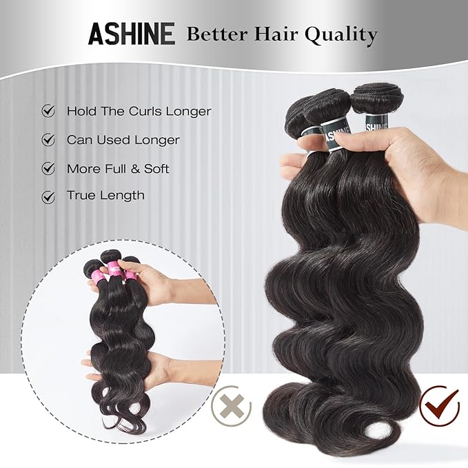 ASHINE Human Hair Bundle Body Wave Straight, Unprocessed Cambodian Raw Hair Bundles for Women Natural Black 16 Inch, Keep Soft and Silky After Multiple Washes