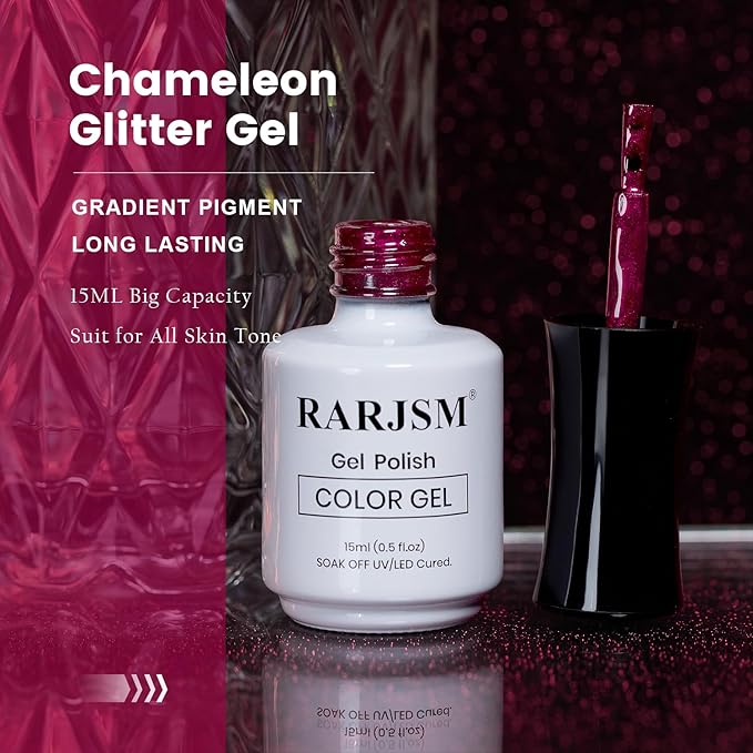 RARJSM Chameleon Gel Nail Polish Black to Wine Red Multichrome Black Purple Color Changing Glitter Chrome GelPolish Curing Requires Sparkle Shimmer Nail Gel Varnish Soak Off DIY at Home Salon 15ml
