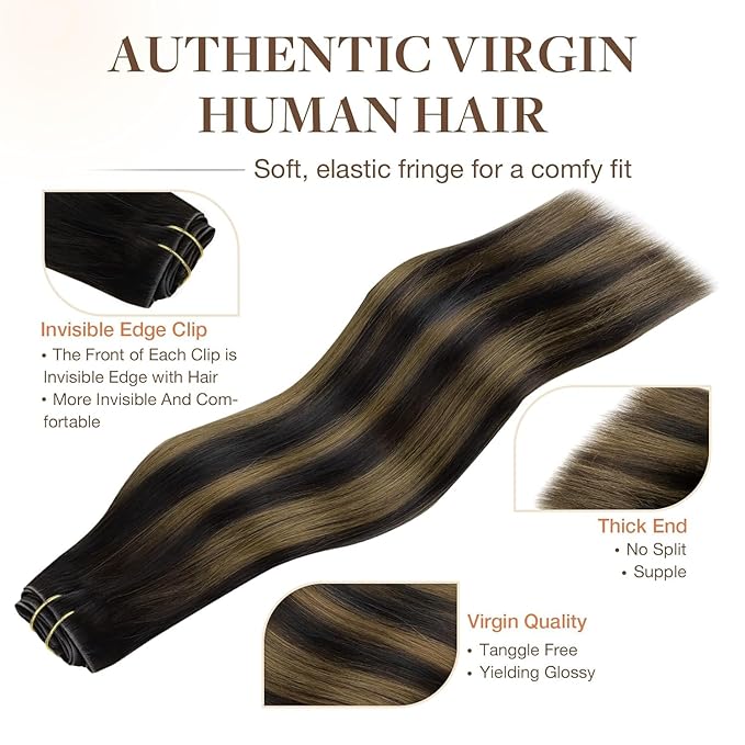 GOO GOO Invisi Edge Clip in Hair Extensions 16inch 140g 7Pcs Injected Seamless PU Clip in Hair Extensions, Virgin Real Human Hair, 1B/6/1B Balayage Natural Black to Chestnut Brown