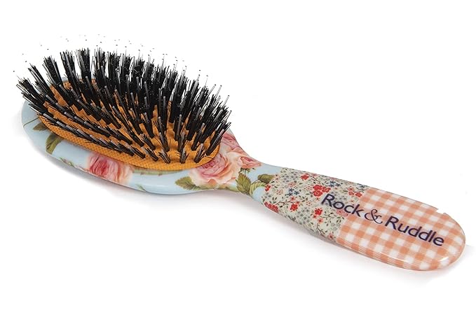 Rock & Ruddle Natural Mixed Boar Bristle Hair Brush for Women and Kids (Small 6.9") - Perfect for Wet or Dry Hair, Detangling Smoothing Blowdrying - Designed & Made in UK - Pink Gingham