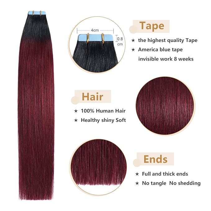 YILITE Burgundy Tape in Hair Extensions Real Human Hair 22 Inch Black Ombre Hair Extensions 20pcs Adhesive Tape Hair for Women #1 Jet Black to #99J Wine Red Tape in Straight Hair 50g(22inches T1/99J)
