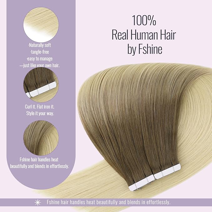Fshine Tape in Extensions Dark Brown To Ash Brown With Bleach Blonde Balayage Real Human Hair Long Straight Hair For Woman 16inch 50 g 20 pcs 16 Inch,Designed to Boost Volume & Length