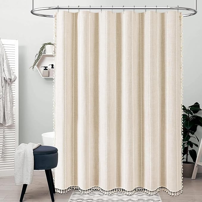 BTTN Stall Fabric Shower Curtain - 54x78 Boho Striped Linen Heavy Duty Tassel Shower Curtain Set with 10 Hooks, Narrow Rustic Modern Farmhouse Bohemian Thick Shower Curtains for Bathroom - Cream/Beige