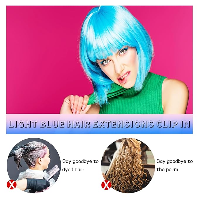12 PCS Blue Hair Extensions Clip in, 22" Colored Highlights, Synthetic Straight Hair Piece DIY Accessories for Daily Party (LightBlue)