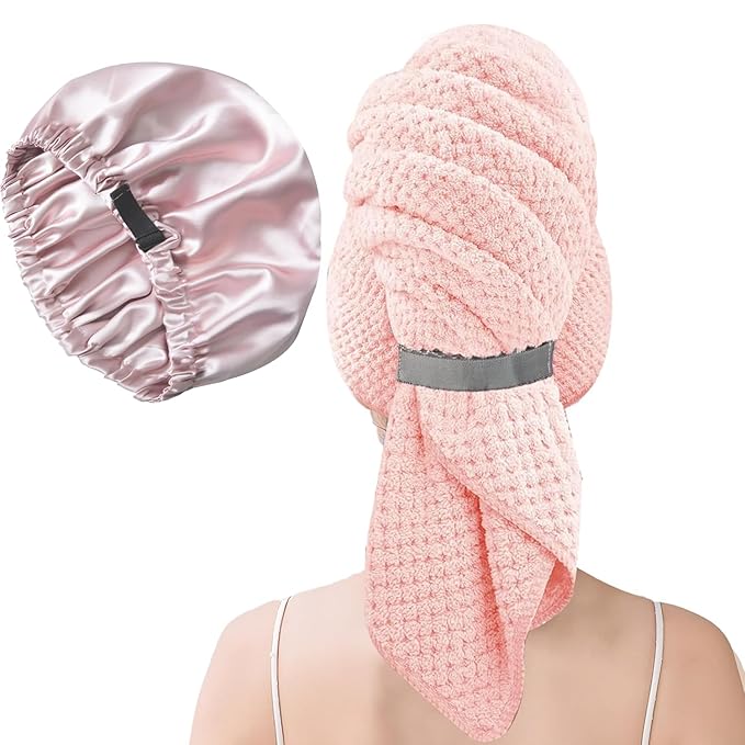 Large Microfiber Hair Towel Wrap & Satin Bonnet Set for Women, Ultra Absorbent Turban 24x42 Inches & Adjustable Night Cap for Curly Hair, Prevents Frizz & Breakage, Stocking Stuffers