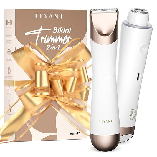 Bikini Trimmer for Women, 2 in 1 Electric Shaver for Women, Pubic Hair Trimmer Waterproof IPX7 with LED, Bikini Razor for Leg Arm Underarm Bikini Area, Christmas Gift Box for Friends - Shell White