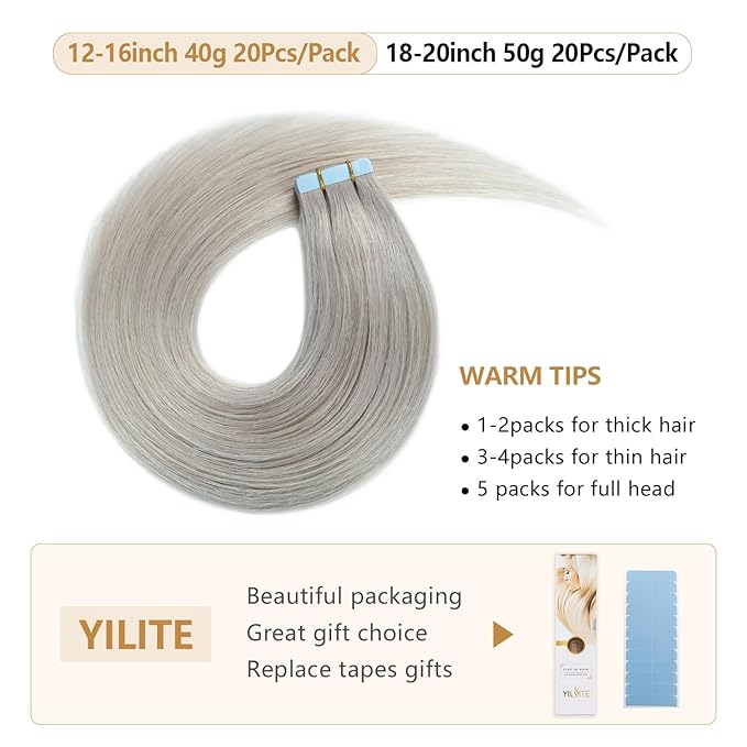 YILITE 20 Packs 40g Silver Tape in Hair Extensions 14inch Remy Human Hair, Seamless Skin Weft