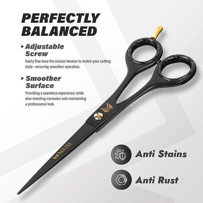 Barber Hair Cutting Scissors 6.5" – 420 Japanese Standard Stainless Steel Hair Scissors – Premium Shears for Professional Haircut – Black Sharp Shears with Hair and Beard Comb