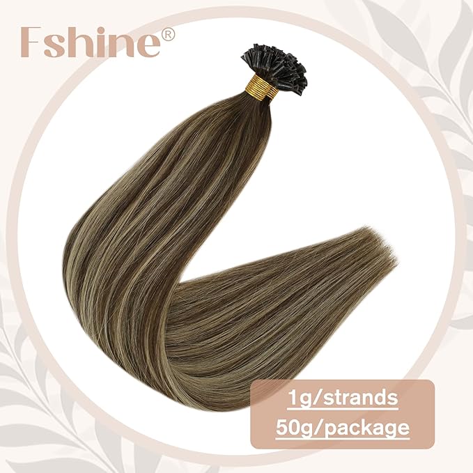 Fshine U Tip Hair Extensions Human Hair Ombre Remy Pre Bonded Hair Extensions Balayage Dark Brown Fading to Caramel Blonde and Chocolate Brown 22 Inch Hot Fusion Extensions for Women 50g/50s