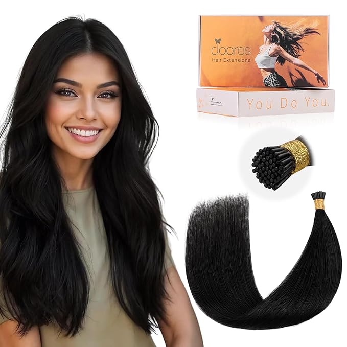DOORES I Tip Hair Extensions, Jet Black 50g/50s 22 Inch, Itip Human Natural Extensions for Women Cold Fusion Hair Silky Straight