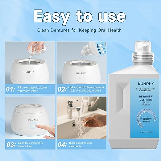 Ultrasonic Retainer Cleaner Solution for Ultrasonic Denture Cleaner-Professional Cleaning of Retainers, Invisible Aligners, Mouth Guards, Night Guards, Remove Odors, Discoloration & Stains 32oz