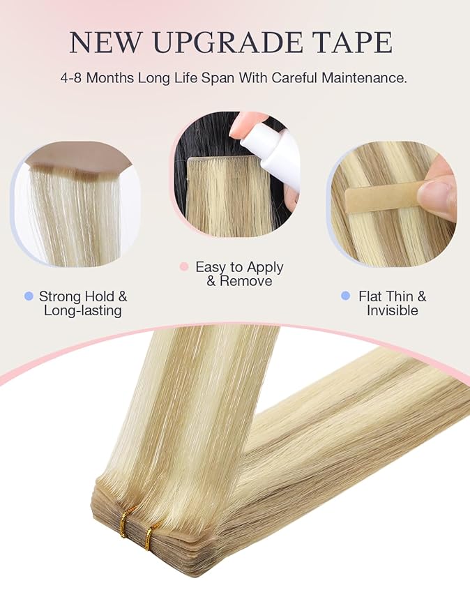 DOORES Invisi Edge Tape in Hair Extensions Human Hair, Light Blonde Highlighted Golden Blonde 10 Injection Tape-ins with 10 Classic Tape-ins 50g 24 Inch, Virgin Tape in Extensions