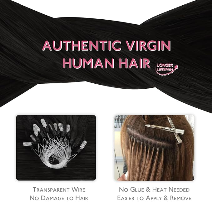 WENNALIFE Microlink Hair Extensions Human Hair, 50g 50s 22 Inch Jet Black Remy Hair Microbead Micro Link Microloop Microring Invisible Straight Natural Fusion Installations