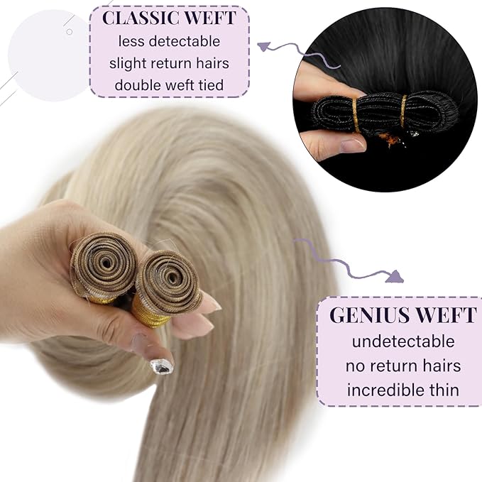 Fshine Genius Weft Ash Blonde Highlighted Bleach Blonde Sew in Hair Extensions Human Hair Weave Real Human Hair for Women Highlight Hair Genius Weft Natural Hair 22 Inch 60g