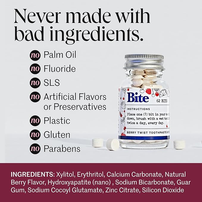 Bite Whitening Toothpaste Tablets (2 Months) – Fluoride Free, Nano Hydroxyapatite + Xylitol, Berry Twist – Vegan, Cruelty-Free, Made in USA, Sensitive Teeth, Travel Size, (2 Bottles, 124 Tabs)