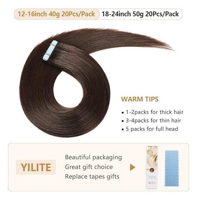 YILITE Dark Brown Tape In Hair Extensions Human Hair 28 inches 20pcs 60g Silky Straight Remy Human Hair Tape Ins Extensions for Women