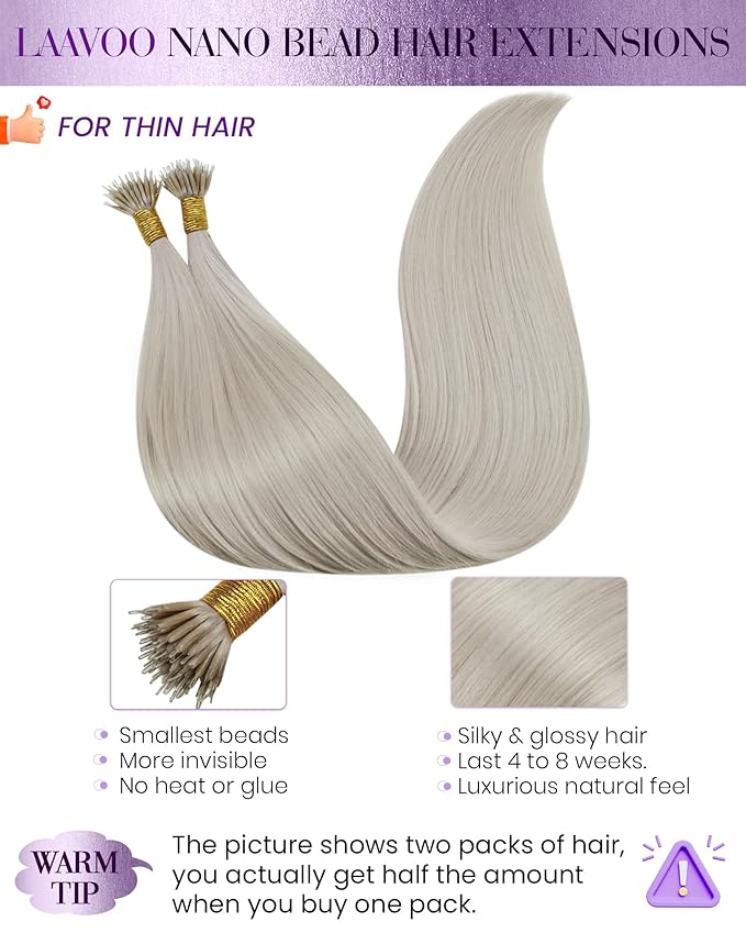 LaaVoo Nano Ring Hair Extensions Platinum Blonde Nano Bead Hair Extensions Human Hair Blonde 18IN 50s 50g