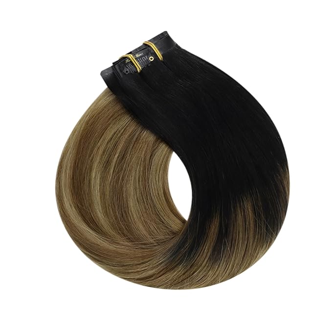 Full Shine Clip in Hair Extensions Black Hair Extensions Ombre Hair Extensions Clip Ins，16 Inch Natural Black To Medium Brown And Honey Blonde Invisile Hair Extensions With Pu Skin Weft 8pcs 120g