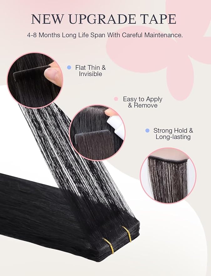 DOORES Injected Tape in Hair Extensions Invisi Edge, Jet Black 20 Injection Tape-ins with 20 Classic Tape-ins 100g 16 Inch, Injected Tape in Extensions Virgin Human Hair Seamless