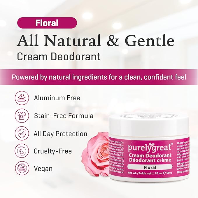 Purelygreat - Floral Scent Cream Deodorant, Chemical-Free Hygiene Essentials for Women, Natural Deodorant for Men with Soda & Corn Starch, No Sticky Residue, Parabens & BPA, 1.76 oz / 50 g
