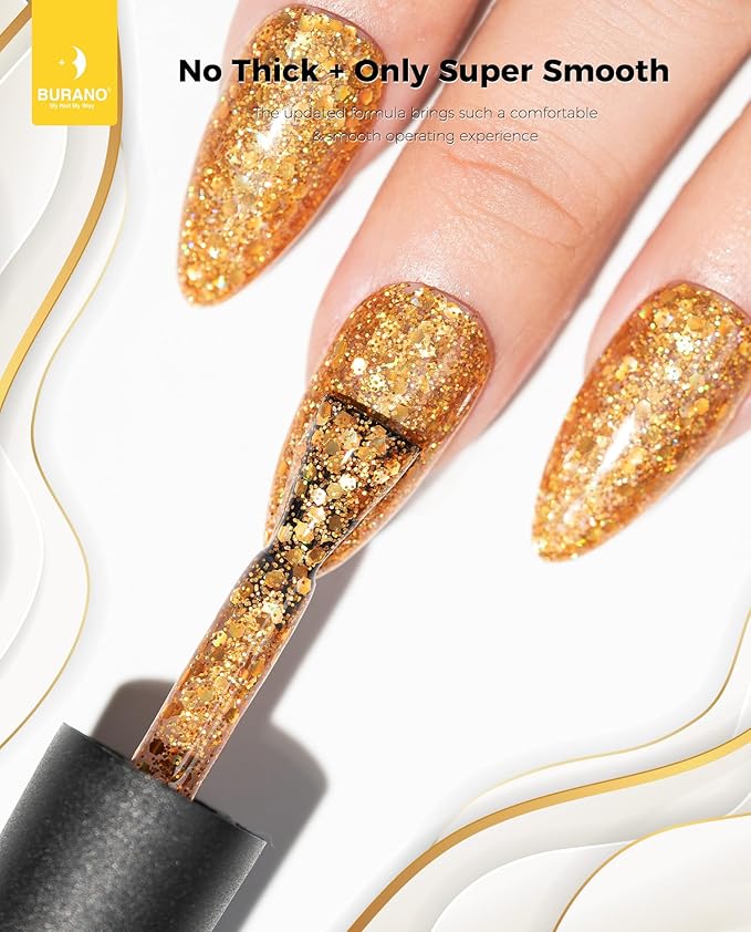 BURANO Glitter Gel Nail Polish, LED UV Holographic Effect, No Chip Home DIY Salon (Gold LP40)