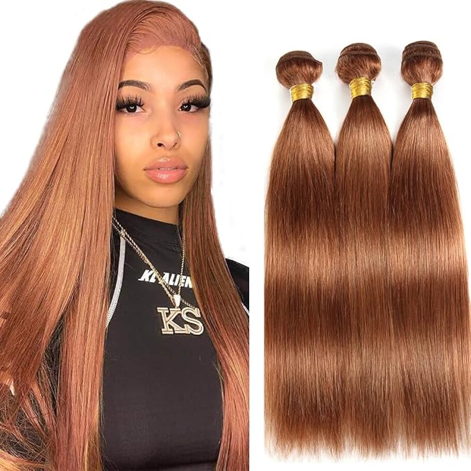 Color #30 Bundles Light Brown Straight Human Hair Bundles Brazilian Virgin Hair 3 Bundles 20 22 24 Inch Brown Straight Bundles Hair Weave 50g Gram Per Bundle