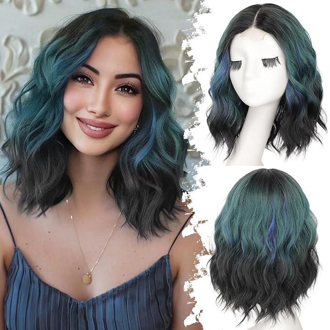 Ombre Dark Green with Blue Highlights Short Wavy Wig for Women Lace Hairline Bob Style Synthetic Heat Resistant - Natural Appearance for Everyday Hairstyle 14 Inch