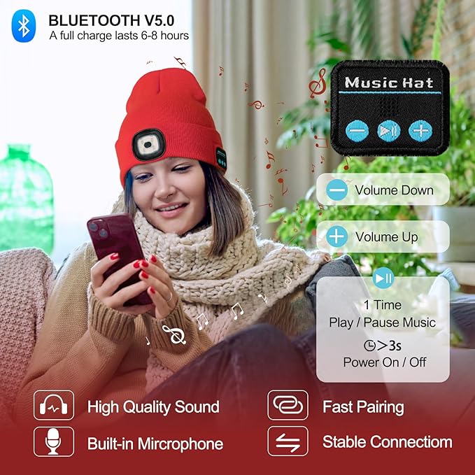 Gifts for Men, Rechargeable Bluetooth Music Unisex Beanie Hat with Light, Stocking Stuffers for Women, Birthday Gifts for Men, for Him, Red