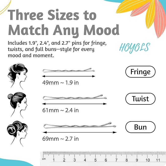HOYOLS Silver Bobby Pins for Women, 150 Pcs in 3 Sizes (1.9", 2.4", 2.7") for Buns, Updos Styling, Non-Slip Crimped Hair Pins for Thick Fine Hair
