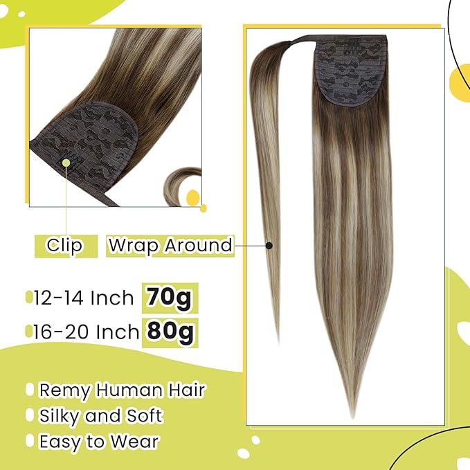 Ponytail Hair Extensions Human Hair Balayage Human Hair Ponytail Extension Straight 12 Inch 70g One Piece Ombre Brown to Blonde Ponytail Extension Real Human Hair Wrap Around Pony Tails