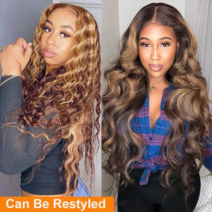 Tuneful 30 Inch Ombre Lace Front Wig Human Hair Highlight 4/27 Honey Blonde Colored Wigs 180% Density 13X6 Straight Lace Frontal Wig for Women