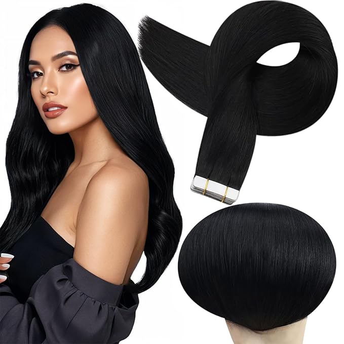 Full Shine Human Hair Tape in Hair Extensions 20 Inch Human Hair Extensions Tape in Remy Real Hair 50 Gram Color 1 Jet Black Seamless Extensions, 20 Pcs Silky Straight Brazilian Hair Natural