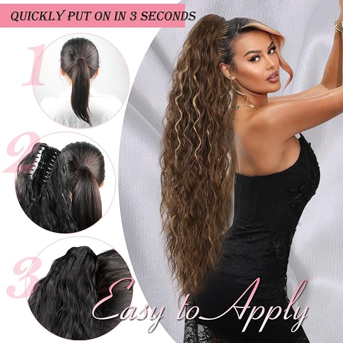 ENBEAUTIFUL 30" Claw Clip Ponytail Extension Long Wavy Ponytail Extension Synthetic Pony Tails Hair Extensions Clip in Hair pieces Fluffy Natural Looking for Women Light brown with Blonde