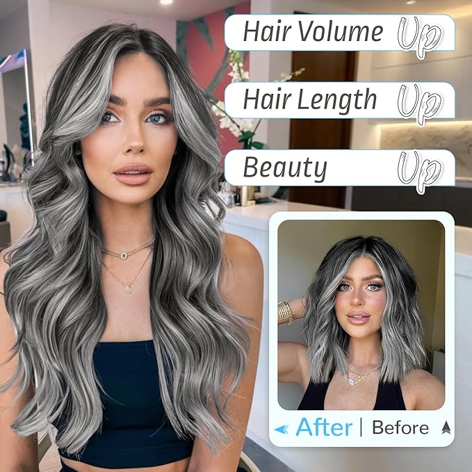 KooKaStyle Invisible Wire Hair Extensions Long Wavy Layered Synthetic Hair Extensions with Transparent Wire Adjustable Size 6 Secure Clips Grey/Sliver Mixed Hairpieces for Women 20 Inch