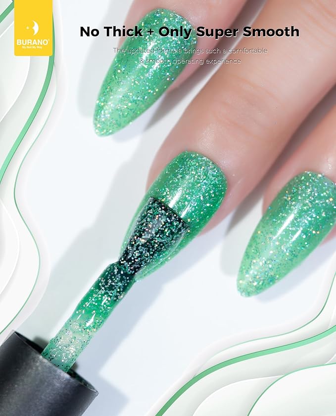 BURANO Glitter Gel Nail Polish with LED UV Curing; No Chip Shimmer Holographic Effect; Sparkle Gel for Green LP66
