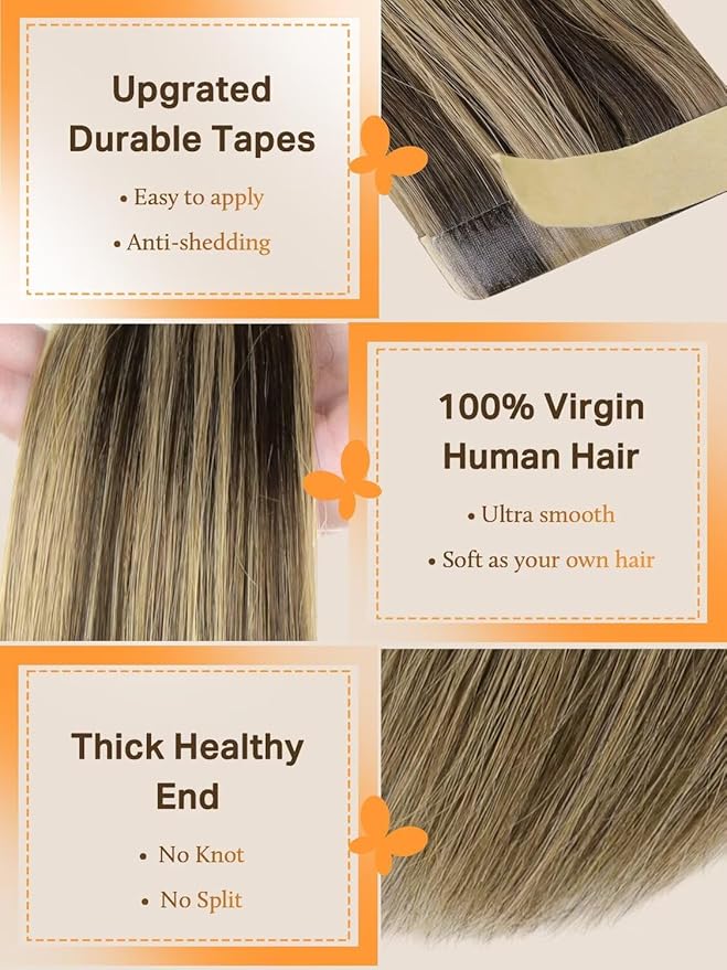 DOORES Tape in Hair Extensions Real Human Remy, Chocolate Brown Highlight Caramel Blonde 20pcs 50g 22 Inch, Tape in Human Hair Extensions Long Straight Natural Remy Soft for Women