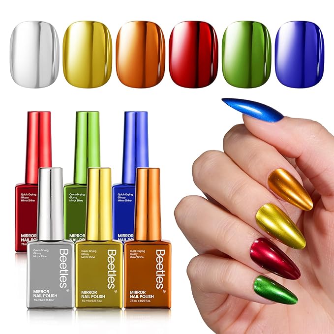 Beetles Chrome Metallic Nail Polish Set - Jingle Jewels 6 Colors Quick-Drying Glossy Mirror Nail Polish Shiny Chrome Effect Fingernail Polish DIY Nail Art Christmas Gift for Women Salon Home