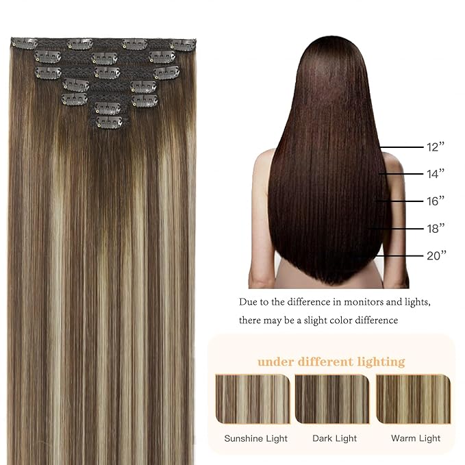 Hair Extensions Human Hair 16inch Clip in Extensions Balayage Walnut Brown to Ash Brown Mix Light Blonde Ombre Double Weft Real Human Remy Hair 120g 7pc