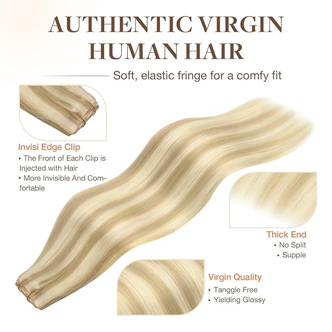 GOO GOO Invisi Edge Clip in Hair Extensions Set, 22inch 160g, 5pcs Injected Seamless PU Clip ins and 2pcs Classical PU Clip ins, Virgin Real Human Hair, #P18A/613A