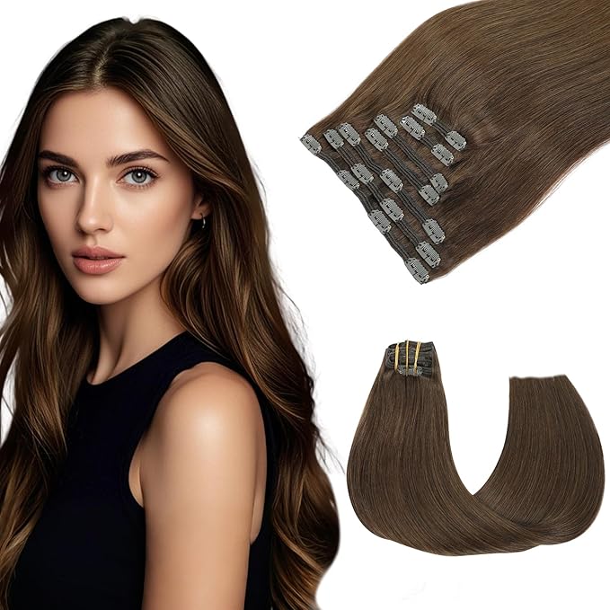 Clip in Hair Extensions Real Human Hair 14 Inch Chocolate Brown 140g 7pcs Hair Clip ins Straight Real Human Hair For Women(#4-14inch)