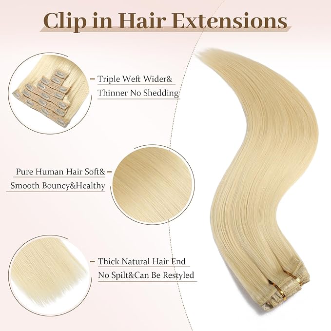 Sisily Clip in Hair Extensions Real Human Hair, Premium Human Hair Clip in Extensions Bleach Blonde, Soft Straight Hair Extensions Real Human Hair Clip ins 7PCS Double Weft（16 Inch #613）