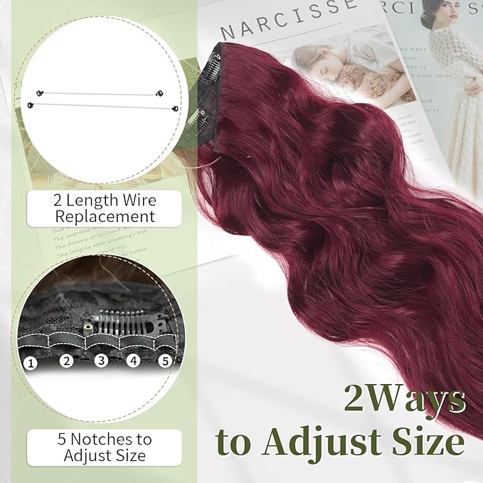 KooKaStyle Invisible Wire Hair Extensions with Transparent Wire Adjustable Size 4 Secure Clips Long Wavy Secret Hairpiece (16 Inch, Burgundy)