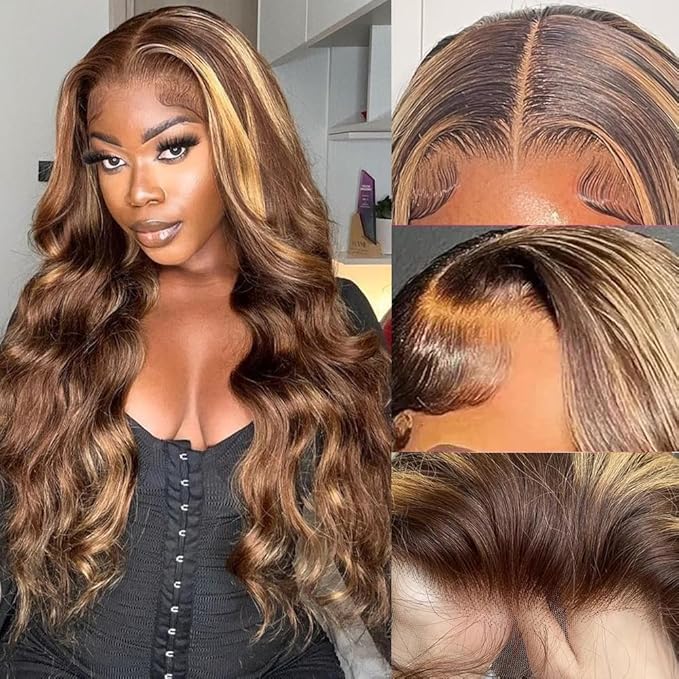 Honey Blonde Lace Front Wig Human Hair 5x5 HD Lace Closure Wigs Human Hair Pre Plucked with Baby Hair 180% Highlight Glueless Lace Front Wigs Human Hair Body Wave Closure Wig(16 Inch)